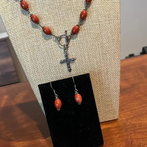 Silvertone Beaded Cross Necklace and Earrings Bundle - Picture 7 of 7